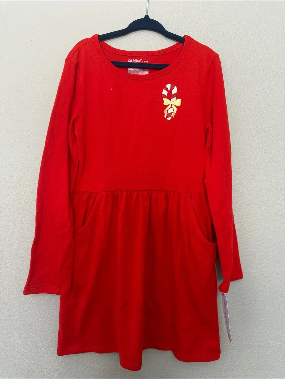 Cat & Jack Red Long-Sleeve Girls Dress with Candy Cane Bow Size Small 6-7 New!‎
